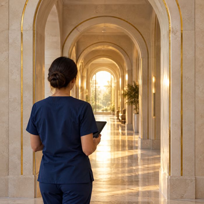 A dentist with a tablet at the threshold of a stone arch at dawn