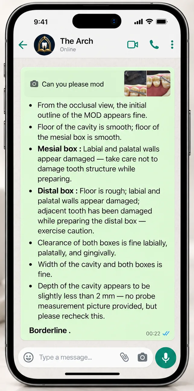 WhatsApp feedback on an MOD cavity preparation: outline, floors, box walls, clearance and depth, with the verdict Borderline