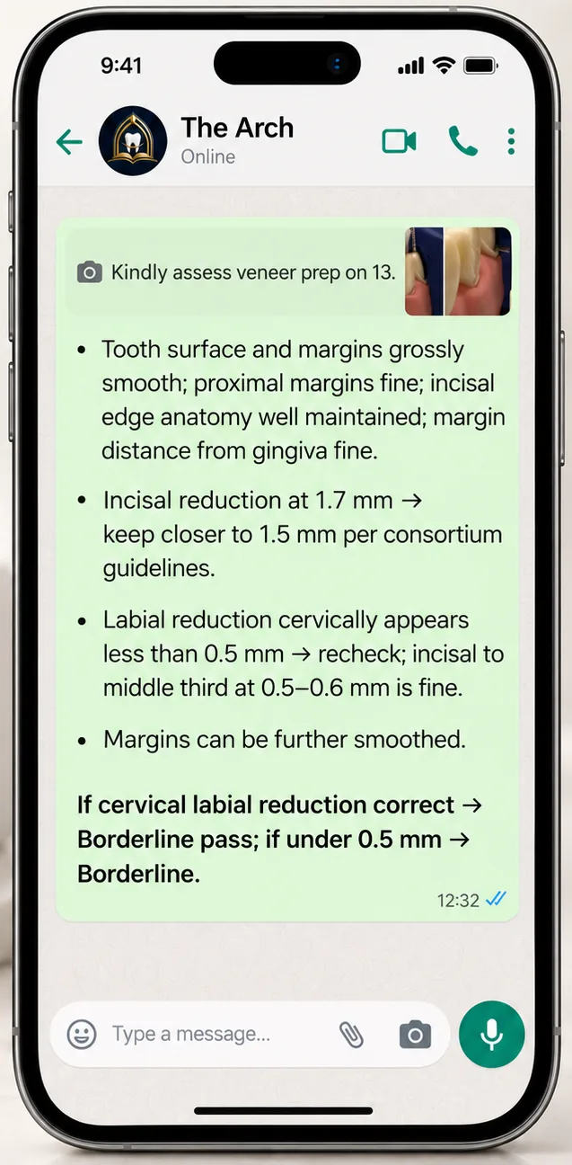 WhatsApp feedback on a veneer preparation on tooth 13: margins, incisal and labial reduction, with the verdict Borderline pass, or Borderline if the cervical reduction is under 0.5 mm