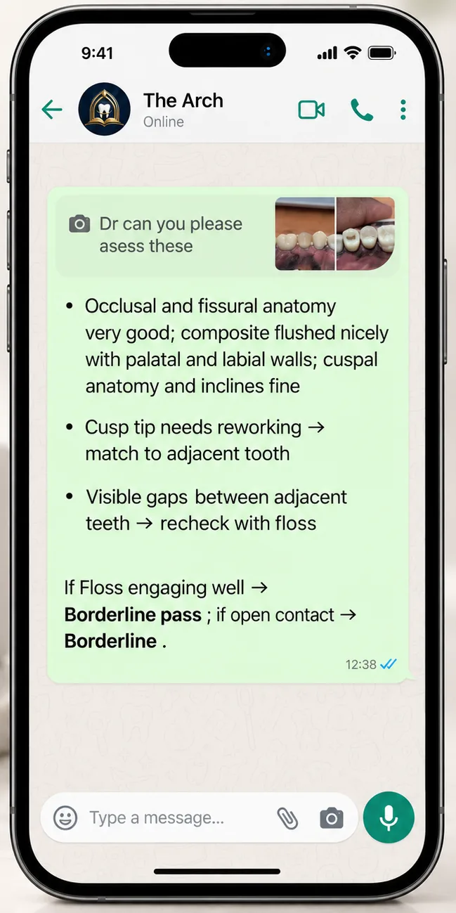 WhatsApp feedback on composite restorations: occlusal anatomy, cusp tips and contacts, with the verdict Borderline pass, or Borderline if a contact is open
