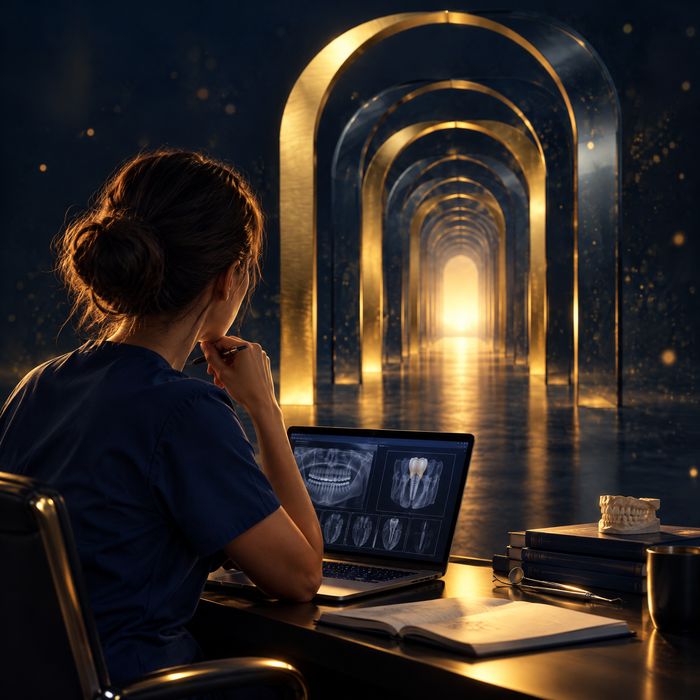 A dentist studying at a laptop in a hall of gold arches